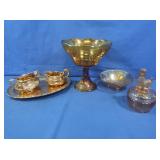 Carnival Glass, Gold Tray, Figures