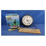 1.5 Gal Fish Tank, Wall Clock, Welcome Sign