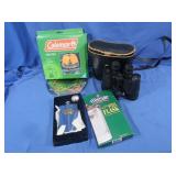 Steel Flask, Tasco Binoculars, Camp Stove,
