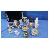 Vintage Glass S&P Shakers, 2 Painted China Dishes