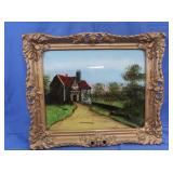 Antique Reverse Glass Painting in Gold Cut Frame