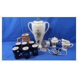 Vintage Ceramic Pot, Sugar & Creamer, 6 Mugs