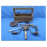 VintageTools-Hammer, Drill,Level in Wooden Toolbox