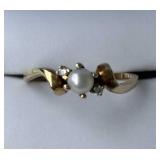 10K Pearl Ring w/2 Diamonds  1.8gr  Sz. 7