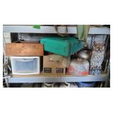 Shelf Contents-Gas Cans,Wood Stool, Fake Owl&more
