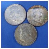 3 Frankling Silver Half Dollars-2-1954, 1-1963