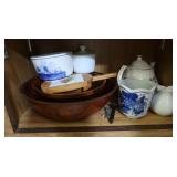 Shelf Contents-Wooden Serving Bowls, Teapot &