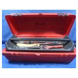 Large Plastic Tool Box with contents, saws,