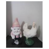 Ceramic Chicken & Gnome Figures/Statues