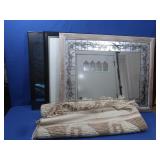Large Wood Framed Mirror & 2 Framed Pictures