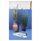 Large Plastic Vase w/Artificial Cat tails, 15"H,