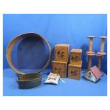 Vintage Cheese Wheel, Spools,Wooden Boxes,