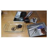 Baking pans, Metal Rack, Glass Measuring cups &