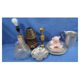 Pewter Pitcher, Brass Lamp & Candleholder&more