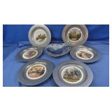6 Vintage HR Johnson Pewter Plates w/ceramic