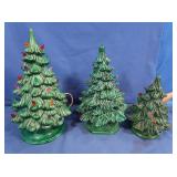 3 Ceramic Christmas Trees w/Lights 10, 8, 7" Tall