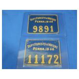 2 Vintage Metal Dept Forest&Waters PA 1966 Tags