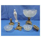 Vintage Cut Glass Bowl,Candle Holders on Brass