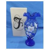 Fenton Hand painted Cobalt Blue Glass Vase