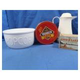 2 Vintage Collector Tins&Carafe,Crate&Barrel Bowl