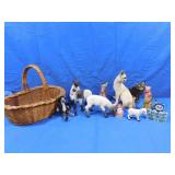 Resin Animal Figurines & Wicker Basket