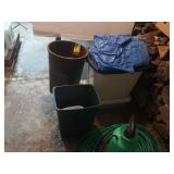 2 Trash Cans(plastic),2 Lg. Totes w/lids&Lg. Tarp