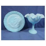 Vintage Fenton Blue Satin Compote&Plate