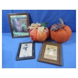 Stuffed Pumpkins,Framed Pics of Snowmen &Spider