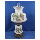 Hurricane Lamp, Painted Milk Glass