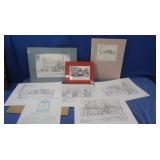 Various Pen/Ink Drawings, some Matted, Various