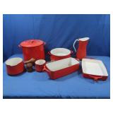 Vintage Dansk Red Enamel Dishes &Pots, 8 pcs