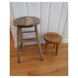 2 Wooden Round Stools 13" & 24.5"H