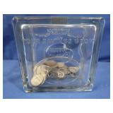 Vintage Glass Coin Bank 4.75x3.5" w/approx 18