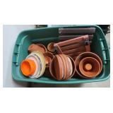 Tote w/Terra Cotta Pots,Saucers&4 Wheeled Stands