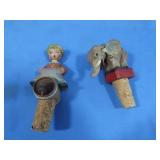 2 Vintage Carved Wooden Stoppers-Elephant&Boy on
