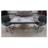 Metal & wood table 60x30x29.5", 3 office chairs,