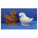 Vintage Ceramic Goose Soup Tureen&Wooden Swan
