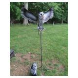 Owl in Flight on Metal STake&Sitting Owl Decoy