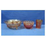 Vintage Marigold Carnival Glass Bowls&Cup