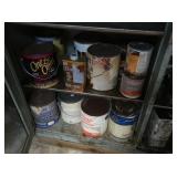 Two Shelves of Partial Cans of Paint & Paint
