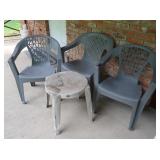 2 Plastic Gray Outdoor Chairs, & Plastic Table