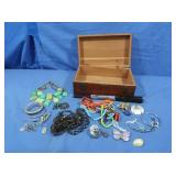 Sm Wooden Box 10x6.5x3', w/Costume Jewelry&Ring