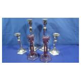 4 Silver Plated Candle Holders, 2 Colored Glass
