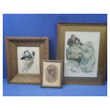 Vintage Oval Portrait Sketch of Woman, 2 other