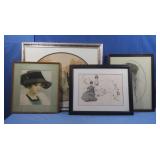 4 Various Sized Glass Framed Sketches inc.