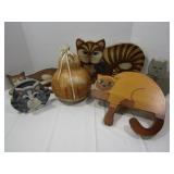 Decorative Cat Lot of 5--4 Wooden, 1 Gourd