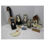 Wooden Figurine Lot--Duck, Goose, Cats, Birdhouse