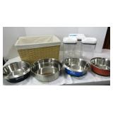 3 Canisters and 4 Metal Dog Bowls