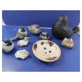 Woodland Lot--Clay Bird, Clay Cat, Wooden Cat