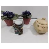Home Decor-2 Artificial Potted Violets,Clay Cat